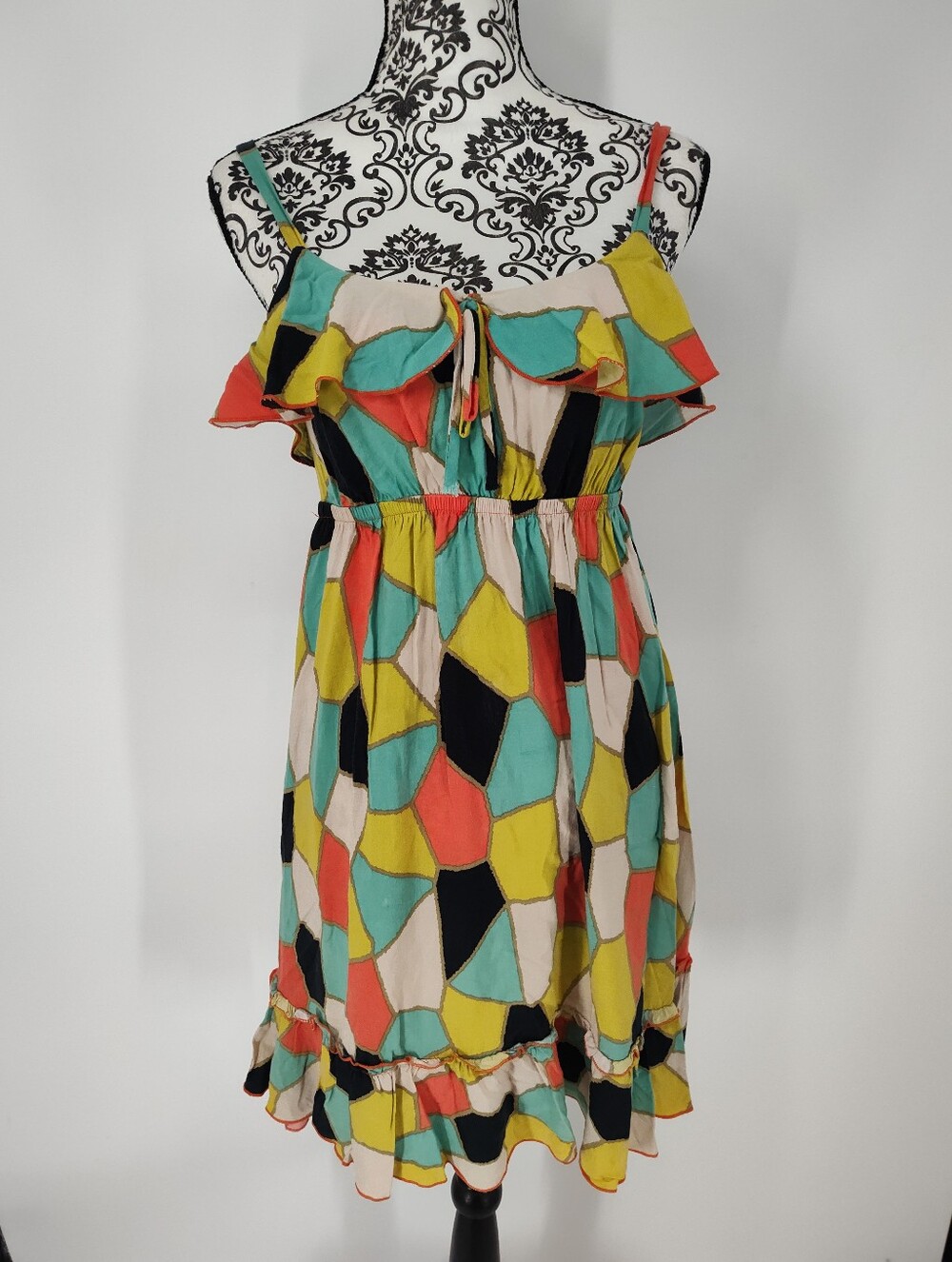 Poema Women's Multicolor Geometric Ruffle Sundress Size Large